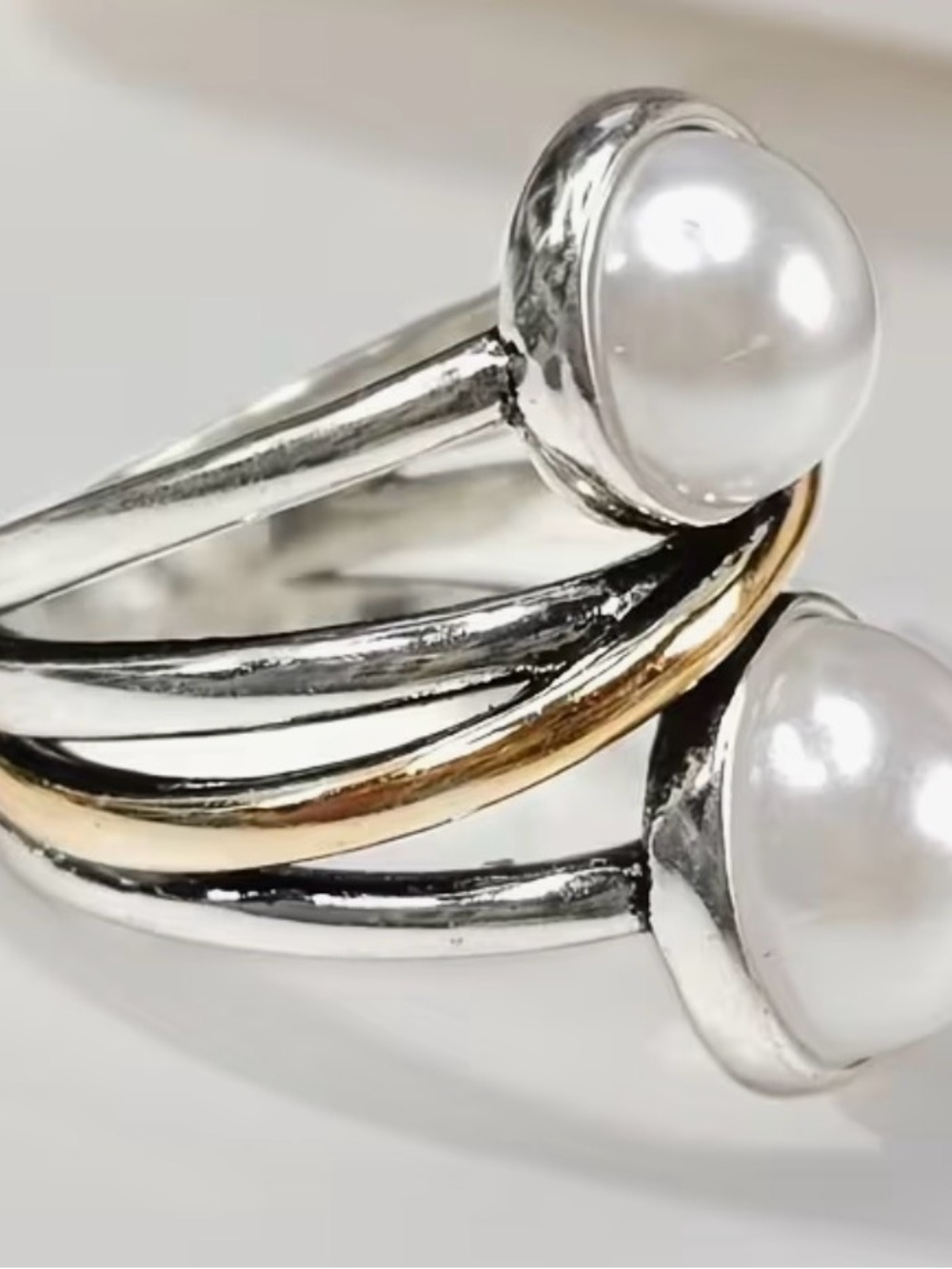 Source Unknown Two-Pearl Mixed Metal Stack Ring - White Pearls B - Picture 4 of 5